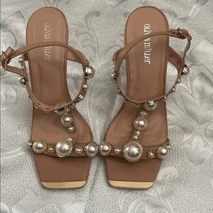 Olivia Miller Tan Block Heel Sandals with Pearl Accents